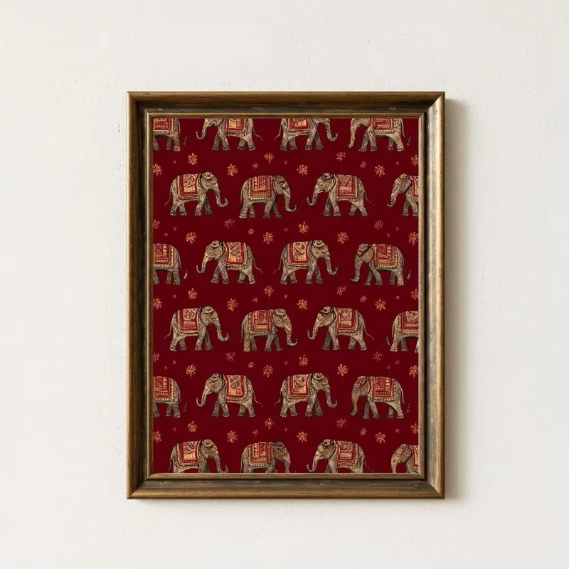 Interior Designer - Indisches Elefantenmuster-Druckbild, Rote Textil-Wandkunst, Boho-Tribal-Dekor, Orientalisches